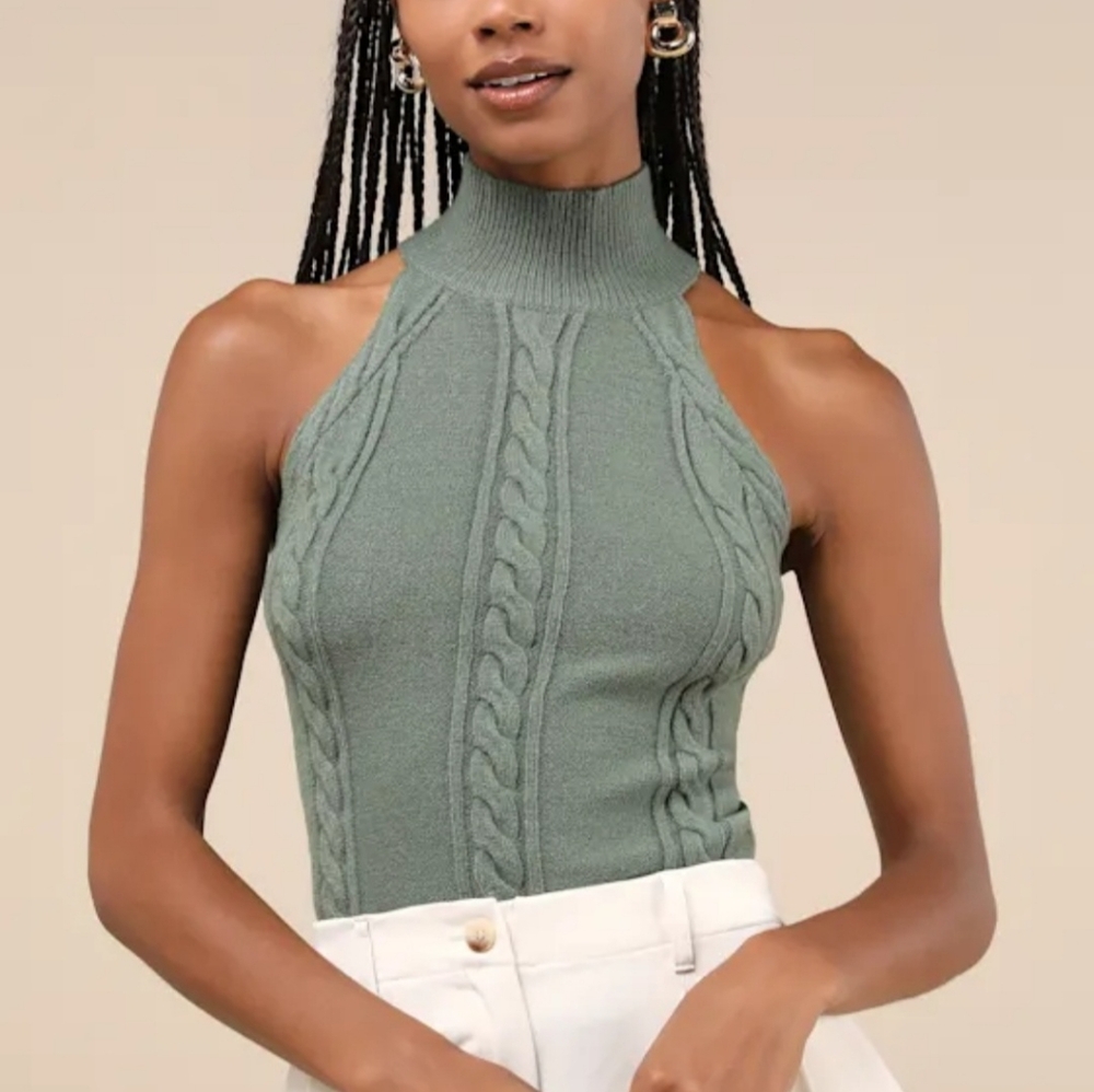 Lulu's Modern Ways Dark Sage Green Cable Knit Cutout Sweater Tank Top